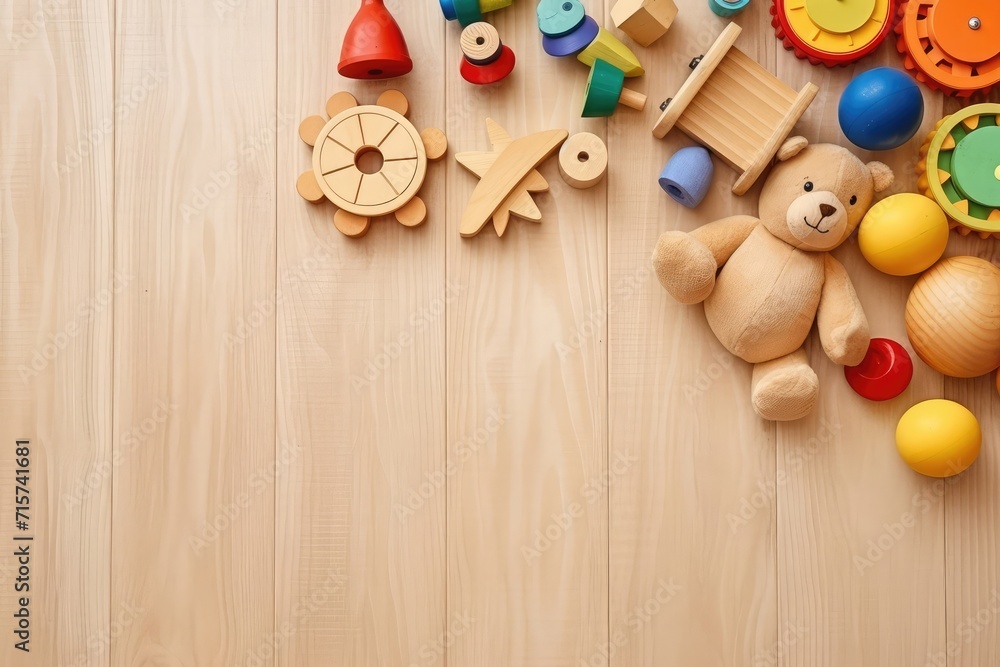 Top view of kids toys frame on wooden background with copy space. - obrazy, fototapety, plakaty 