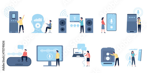 Virtual voice assistant. Digital smart speaker, people use voice control and online translator in daily life. Speech recognition technology, recent vector scenes