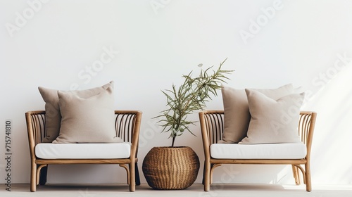 Rattan chairs with white pillows and indoor plants in the minimal living room. Beautiful house interior design concept. Generative AI photo