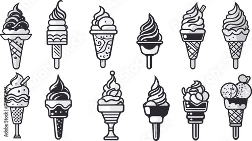 Set of tasty ice creams,  Ice cream lolly vector icon,  Black and white ice cream vector icon, summer set isolated on white background. Simple illustration.
