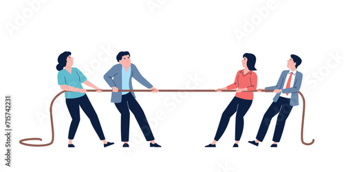 Office people pulling rope. Corporate struggle metaphor, isolated business workers competitions. Characters at work war, recent vector scene