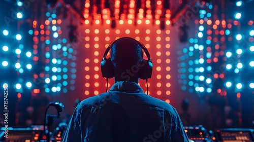 a dj in headphones is performing in a dark room with lights on the ceiling and a microphone © @ArtUmbre