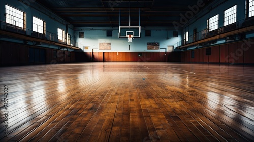 Basketball in the sport arena, Empty Indoor basketball court. Horizontal panoramic wallpaper with copy space. Generative AI