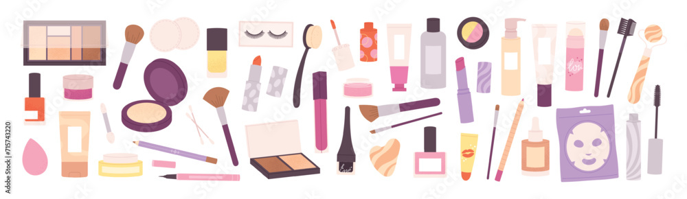 Obraz Cartoon makeup tools. Decorative cosmetics and brushes. Female daily skin care accessories. Isolated doodle lip gloss, eye shadow and pencil, racy vector clipart