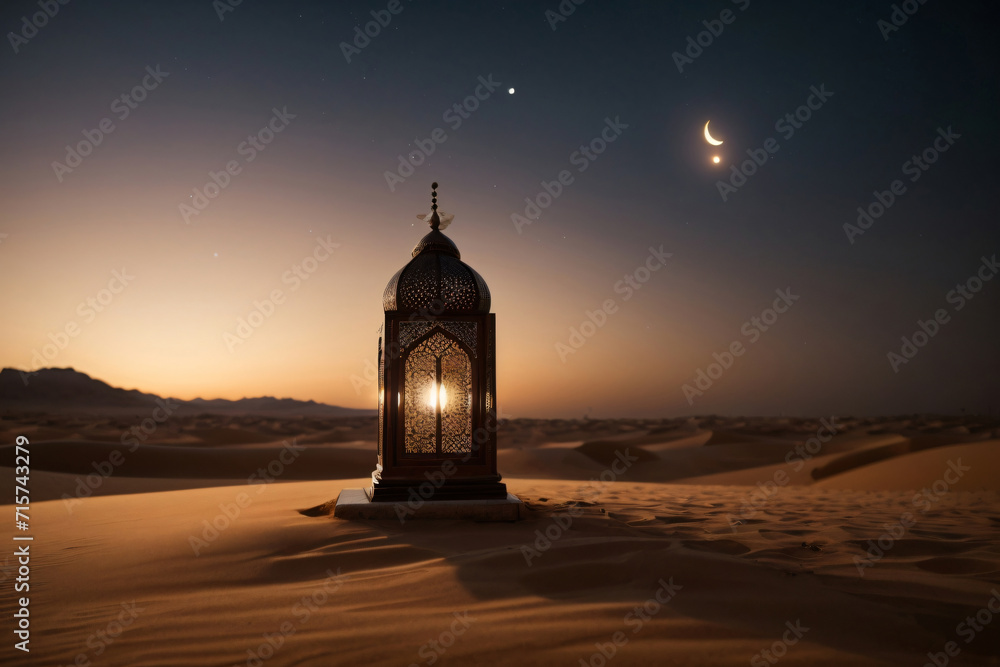  A lantern, softly lit by a candle, traditional customs observed during Ramadan Kareem. Wallpaper banner with copy space. Ai Generated