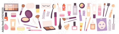 Cartoon makeup tools. Decorative cosmetics and brushes. Female daily skin care accessories. Isolated doodle lip gloss, eye shadow and pencil, racy vector clipart