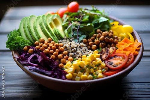 A vibrant Buddha bowl filled with a variety of colorful vegetables, grains, and protein-rich legumes. photo