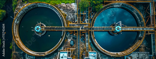  Aerial view of wastewater treatment plant with circular settling tanks and central pipework. photo