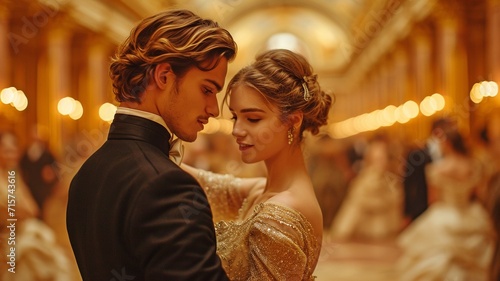 three couples dancing the waltz in a traditional royal ballroom are depicted in full length. photo