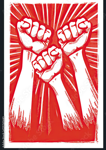 Graphic illustration of raised fists, activism concept, vintage placard style