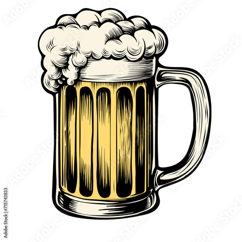 Beer glass, mug in engraved ink vintage style for web, invitation to party or pub menu. Pint of beer design element isolated on white background.