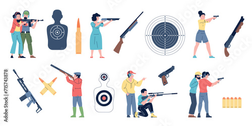Shooting range elements, people with weapons, targets and pistols. Shoot training with instructor. Self defence and professionals, recent vector set