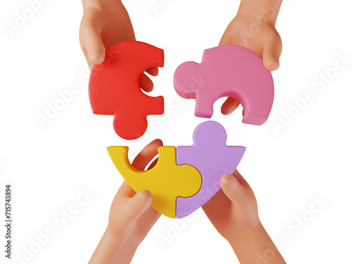 3D illustration of hands holding colorful puzzle pieces coming together symbolizing teamwork and unity