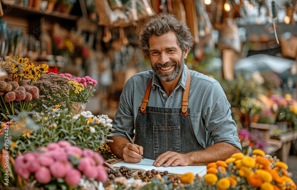 Happy businessman of Caucasian descent standing in an apron in a tiny floral centre, taking down order details and talking on his mobile.