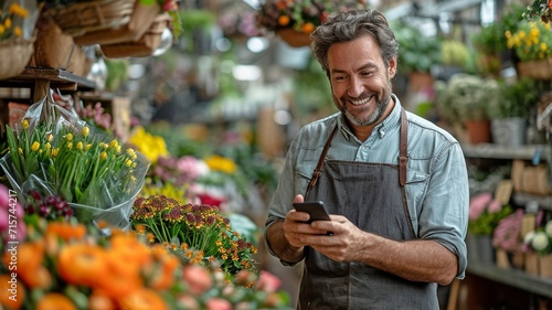 Happy businessman of Caucasian descent standing in an apron in a tiny floral centre, taking down order details and talking on his mobile. © tongpatong