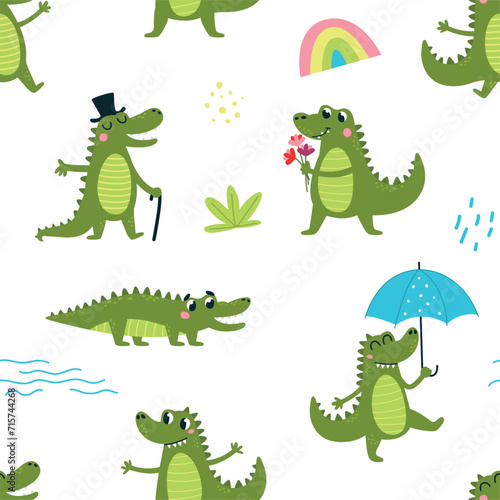 Crocodile seamless pattern. Funny crocodiles isolated  cartoon alligators childish characters. Fabric or paper print  classy vector template