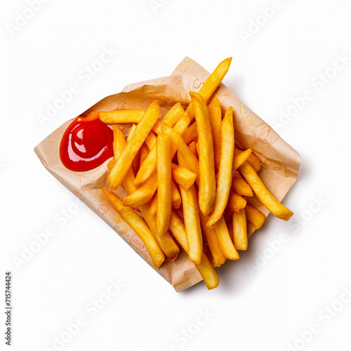 French fries with ketchup wrapped up in paper isolated on a white background are in the top view