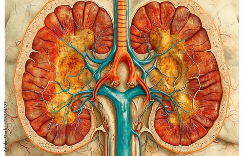 Anatomical graphic showing the cross section of a human kidney. disorders of renal physiology, photo