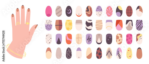 Manicure ideas. Creative nail art design, various templates for beauty salon. Creativity nails palette, modern trendy hand manicured, racy vector set