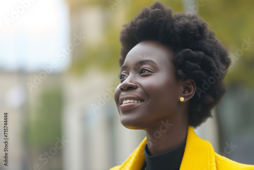 Joyful African Woman in Yellow Jacket Looking Upward