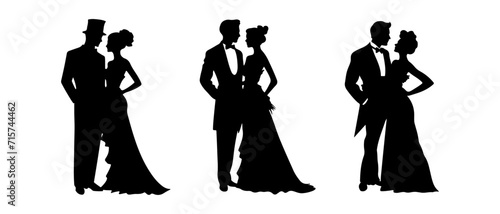 Victorian man and woman silhouette. Vector illustration couple wedding dancing dance ball Gentleman and lady retro set 