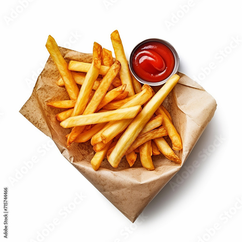 French fries with ketchup wrapped up in paper isolated on a white background are in the top view