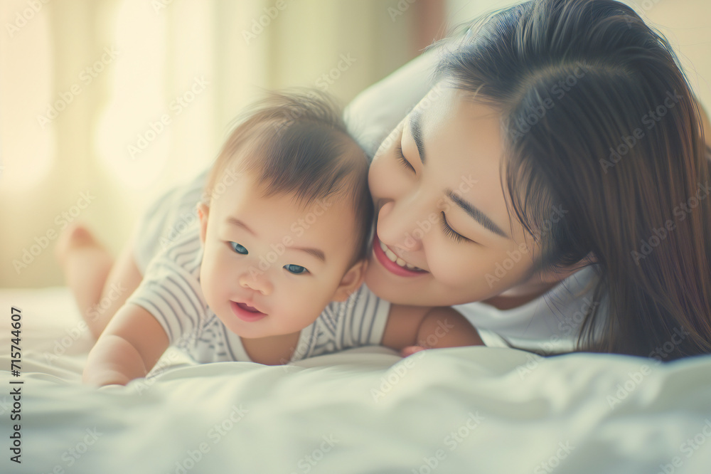 Portrait of an affectionate Asian mother, lounging with her baby Portrait of an affectionate Asian mother, lounging with her baby