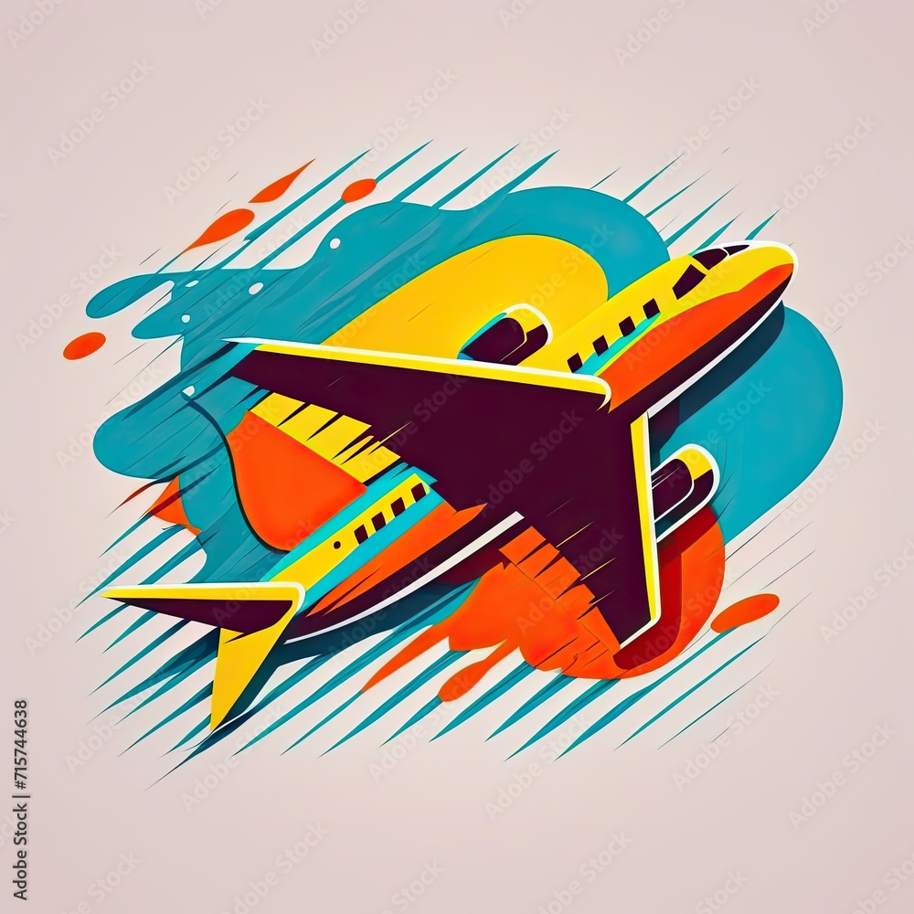 Stylized airplane, vibrant colors, square illustration, vintage pop art style