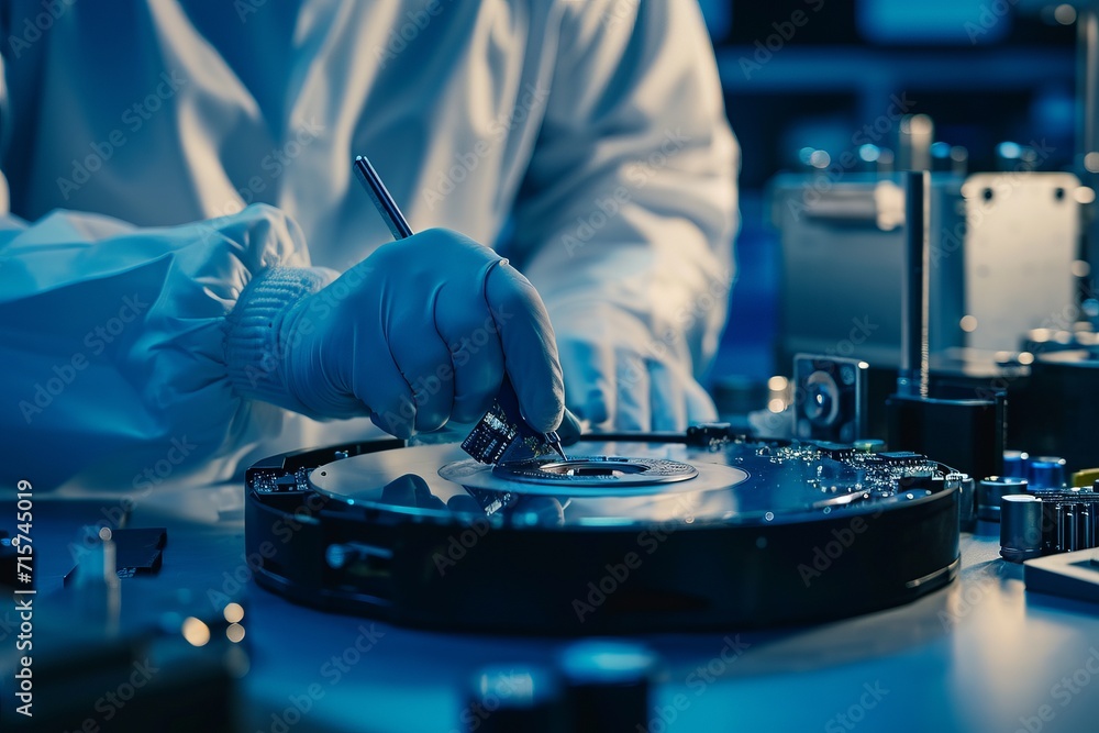 Obraz premium Engineer in protective gloves repairs hard disk in laboratory