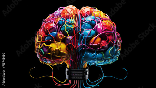A vibrant multicolored brain shaped lightbulb with wires on black background. Information dopamine detox concept