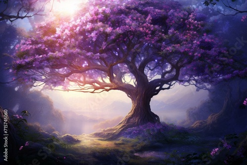 Sunlit tree with purple flowers. Generative AI