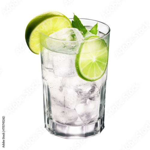 A glass of tonic water with lime. Isolated on transparent background.