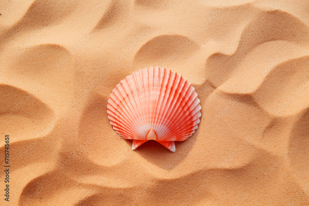 Pink color seashell lying on smooth golden sand in bright sun light top view. Summer sea life vocation holidays concept Pink color seashell lying on smooth golden sand in bright sun light top view. Summer sea life vocation holidays concept