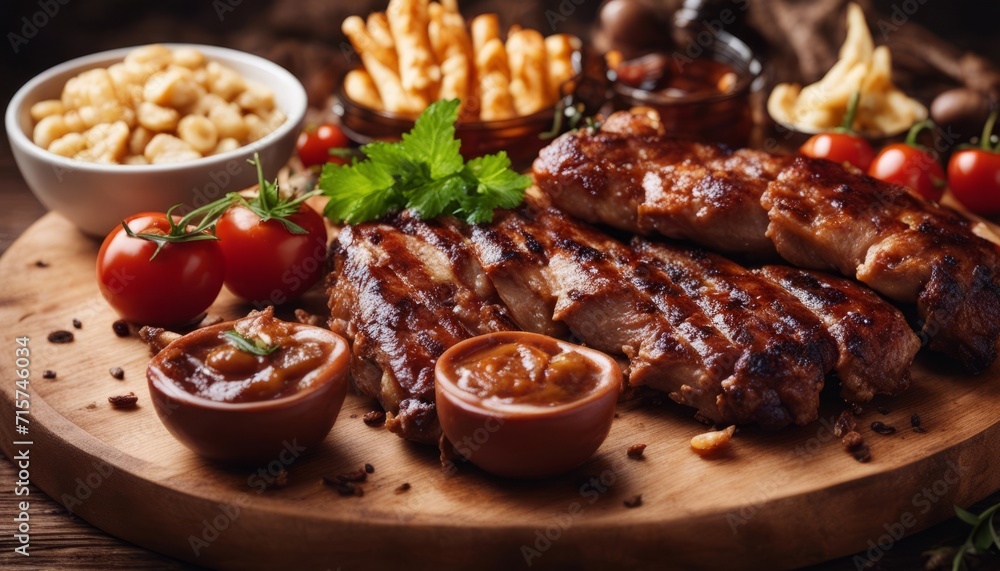 Grilled meat assortment of tasty bbq snacks on wooden background