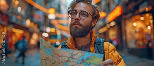 A young, bearded international student in an unknown place is navigating a public transit system map.