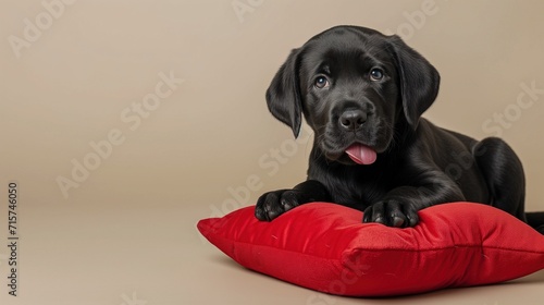 Black labrador puppy sitting on red cushion, beige background, space for text