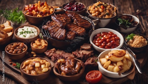 Grilled meat assortment of tasty bbq snacks on wooden background