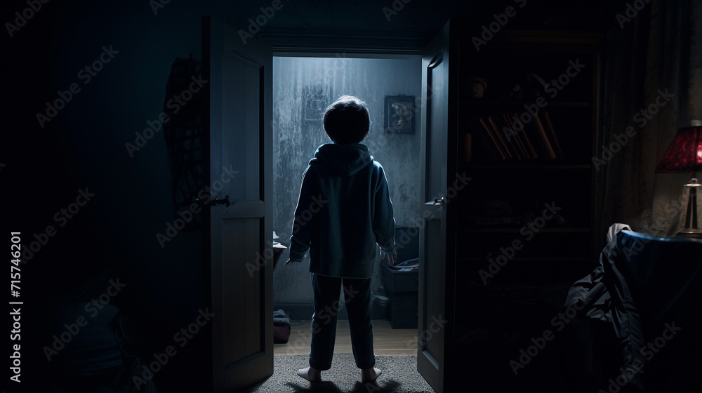 Horror scene of a child who's afraid of some dark force in the bed room