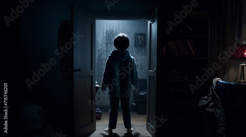 Horror scene of a child who's afraid of some dark force in the bed room photo