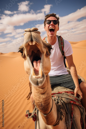 Happy tourist having fun enjoying group camel ride tour in the desert © wolfhound911
