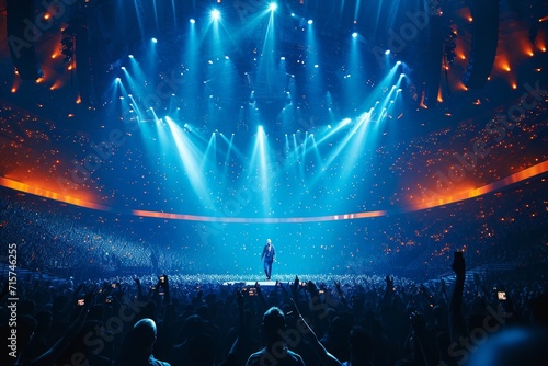 Singer performs a musical concert on stage in a huge packed stadium hall. Epic lights and flashlights photo