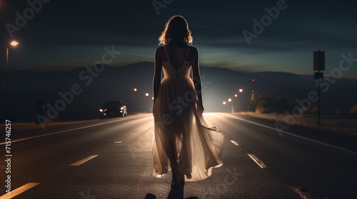 Woman white dress standing with back toward in the dark abondon road