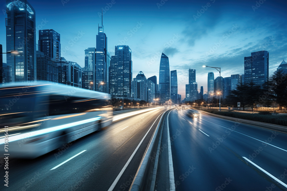 Land vehicle speeds through illuminated cityscape at dusk