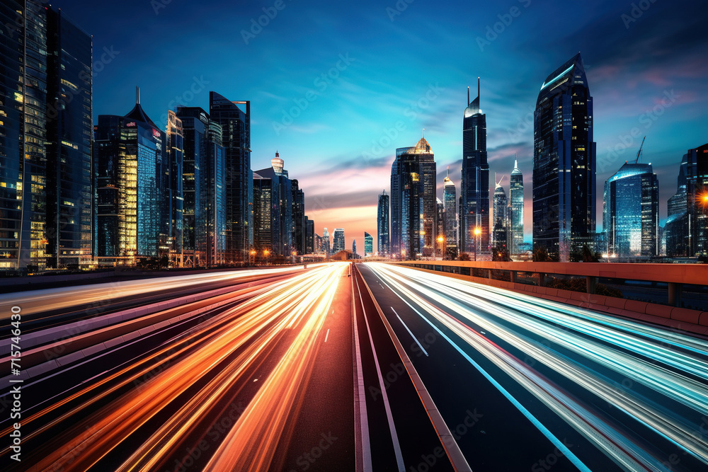Land vehicle speeds through illuminated cityscape at dusk