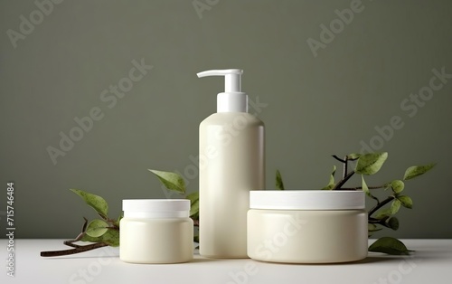 Organic treatment concept. Mockup with off white cosmetic dispensers and cream jar with plants like branches, moss and leaves. AI Generative.