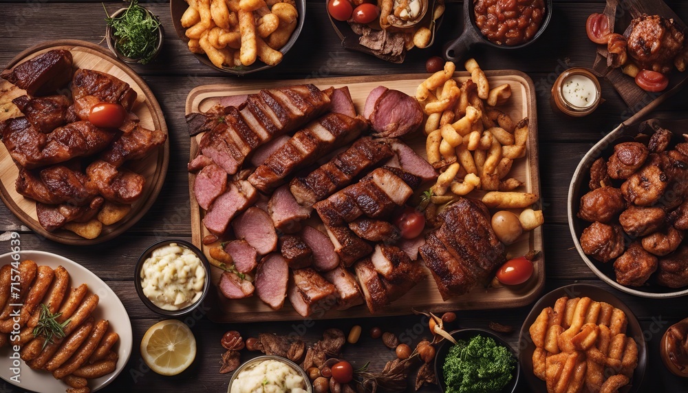 Grilled meat assortment of tasty bbq snacks on wooden background Grilled meat assortment of tasty bbq snacks on wooden background