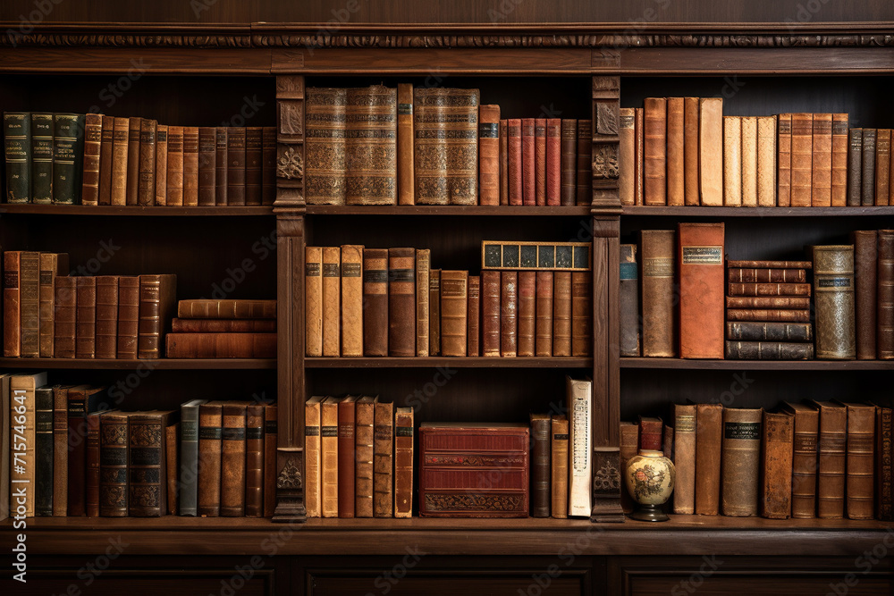 Large collection of old books on wooden shelves Large collection of old books on wooden shelves