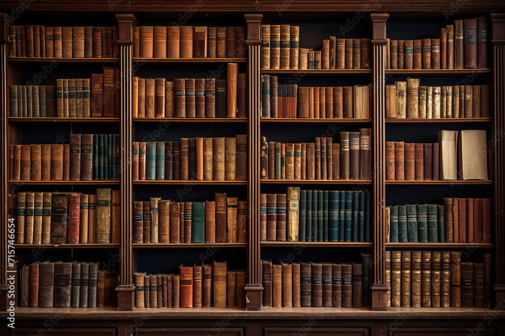 Large collection of old books on wooden shelves Large collection of old books on wooden shelves