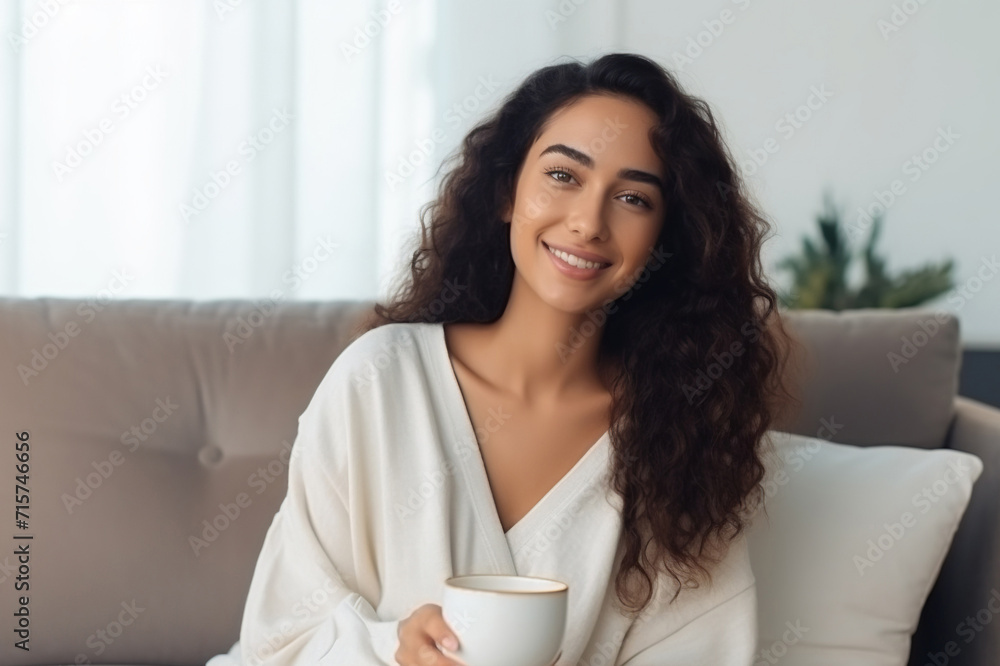 Latin woman drinking coffee sitting on sofa at home Latin woman drinking coffee sitting on sofa at home