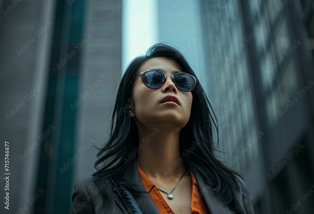 Portrait, street business and asian woman looking up in the city for freelancer, commute and urban travel. Serious, confident and female entrepreneur walking and smiling for exploration and leadershi Portrait, street business and asian woman looking up in the city for freelancer, commute and urban travel. Serious, confident and female entrepreneur walking and smiling for exploration and leadershi
